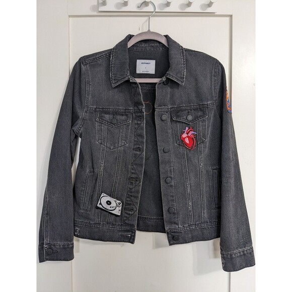 Embroidered Patch Denim Jacket Women’s Size S Old Navy Black Skull Pisces Custom - Picture 2 of 14